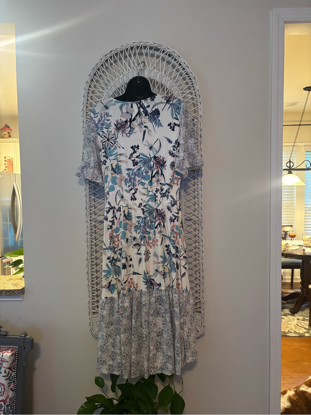 Cupio White Floral Midi Dress with Blue and Teal Print
